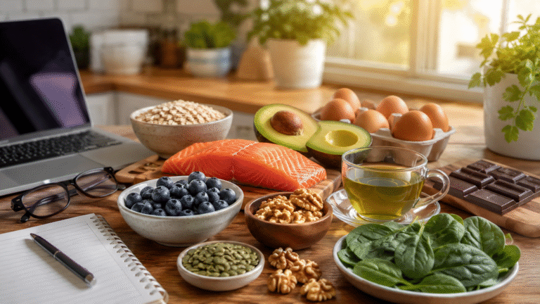 Brain-healthy foods including blueberries, salmon, avocado, spinach, walnuts, eggs, oats, and green tea arranged on a kitchen table.